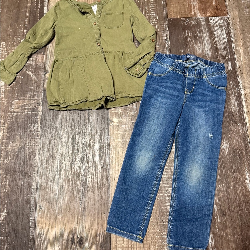 Girls Olive Green Peplum Button Front Top with Blue Jeans
